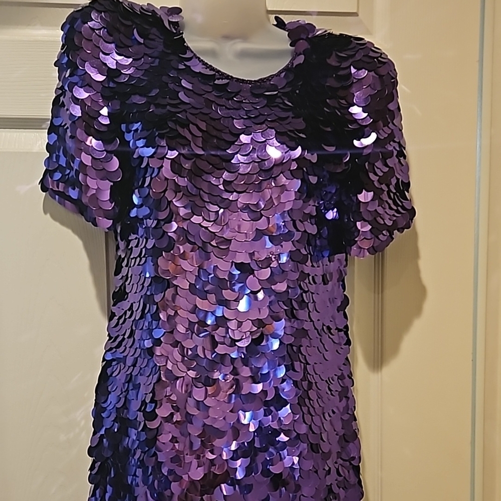 OLEG CASSINI Purple Silver Dollar  Sequin Dress Size 6. STUNNING